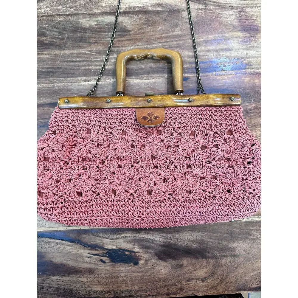 Patricia Nash Carmen Salmon Crochet Wood Leather Shoulder Chain Satchel Handbag - Picture 4 of 7